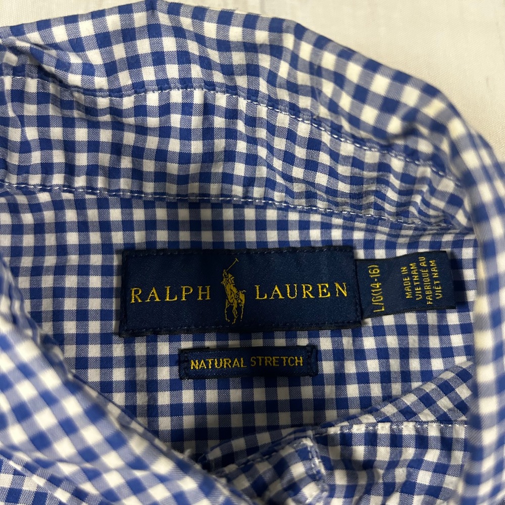 Ralph Lauren Mens Gingham Button Down Shirt Blue White Natural Stretch Large L - Picture 3 of 6